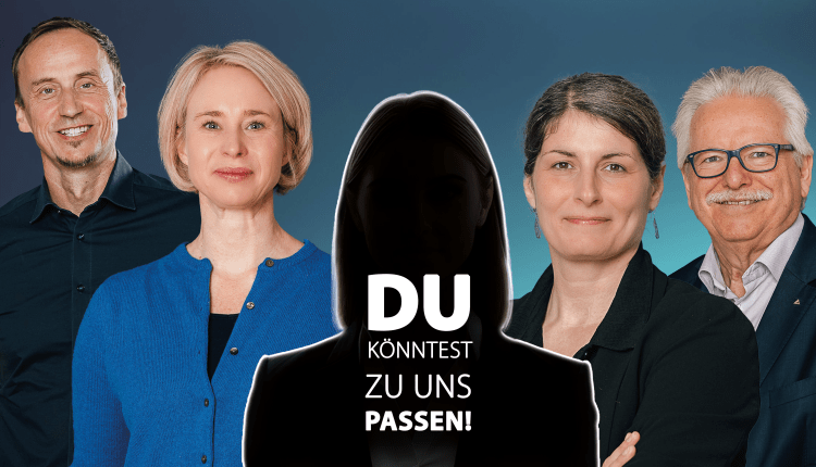 Menschen lächeln in eine Kamera - in der Mitte Silhouette mit Schrift "Du könntest zu uns passen"